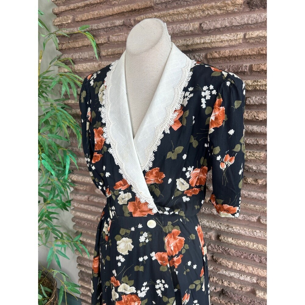Expo Vintage 90s Dress Black Floral Grunge White Lace Collar Romantic Size 14 - Picture 9 of 11